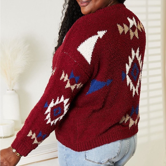 NEW HEYSON Plus Size Southwest Aztec Pattern Soft Fuzzy Sweater in Red Wine - Picture 4 of 4